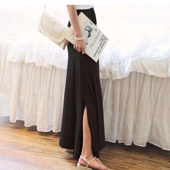 Korean-Style Plus Size Gray Midi Skirt for Women - Summer 2024, Elastic High Waist, Thin Drape A-Line Design with Large Swing.