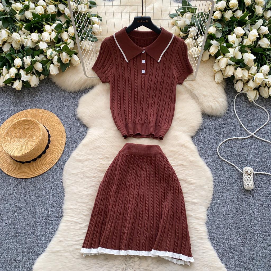 Módní Pletené 2dílné Dvoudílné Kostýmy Skinny Krátký Rukáv Polokošile+Krátká Sukně Děrované Dámské Jednoduchý Styl Letní Sety