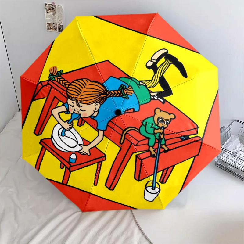 Pippi Longstocking pattern, automatic folding umbrella, portable and foldable design, 8 ribs, a Christmas or birthday gift.