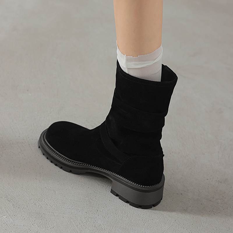 Krazing Pot Cow Suede Nubuck Winter Round Toe Western Boots Med Heels Slip On Metal Buckles Women Mid-calf Boots