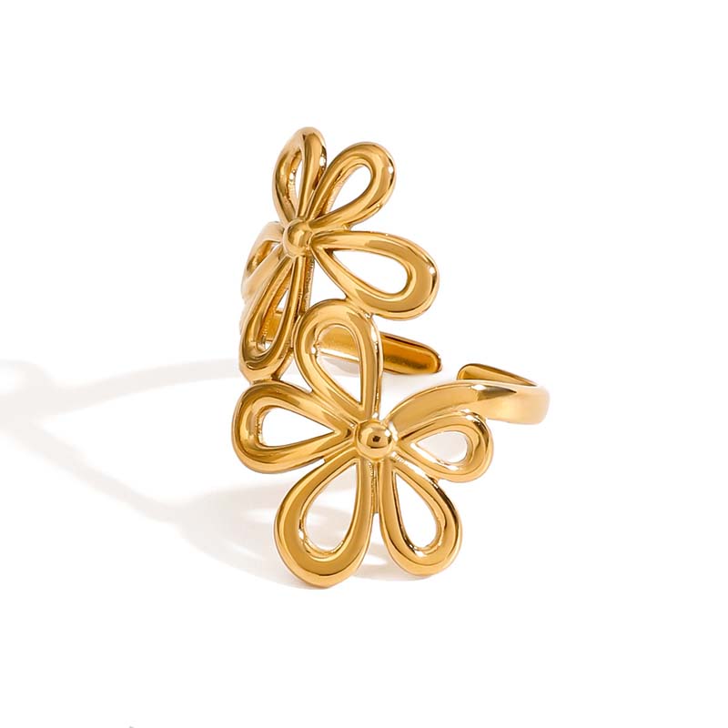 Stainless Steel Metal Hollow Flower Open Ring For Women Minimalist Gold Color Irregular Geometric Adjustable Finger Ring Jewelry