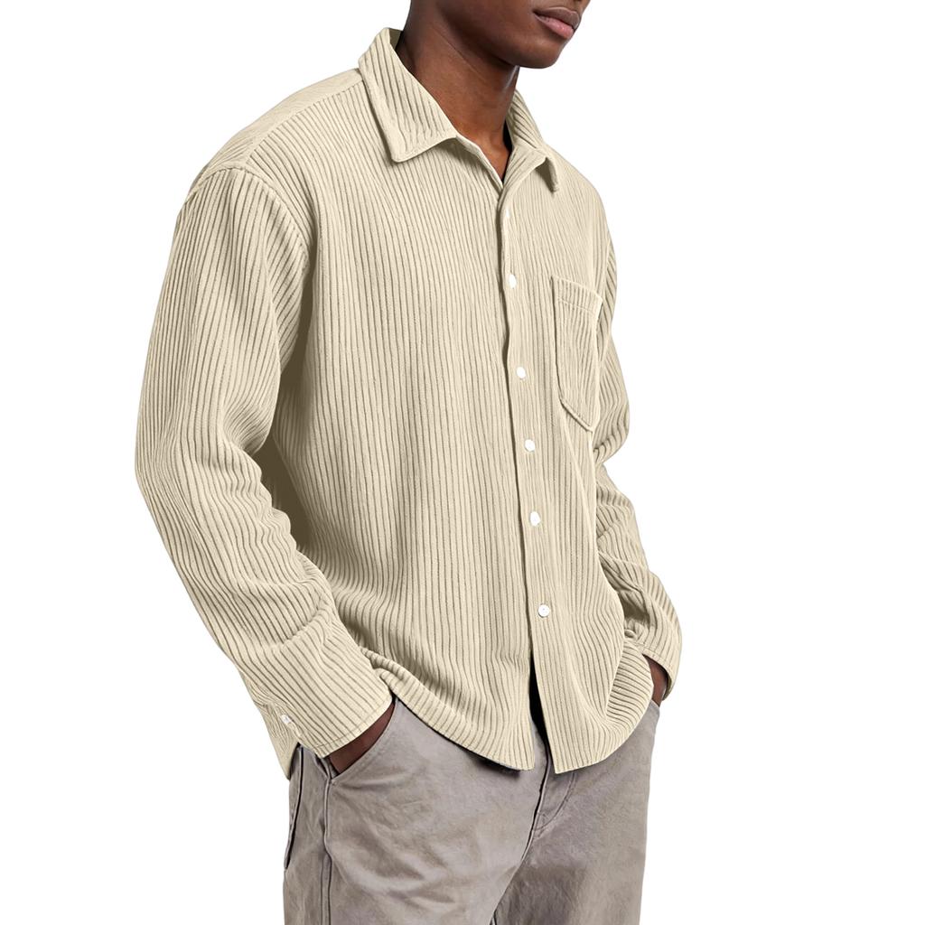 Men’s Long Sleeve Ribbed Button Down Shirt with Single Chest Pocket Relaxed Fit Collared Top for Everyday Wear