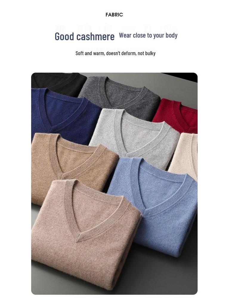 Men's V-Neck Cashmere Sweater, Plus Size, Long Sleeve, Solid Color, Wool Knit, 2023 Autumn/Winter Collection.