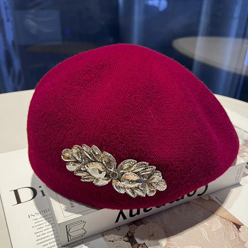 WTEMPO Herbst Winter Retro Strass Baretts Hüte Damen Elegant Lässig Vielseitig Einfarbig Warm Schirmmützen