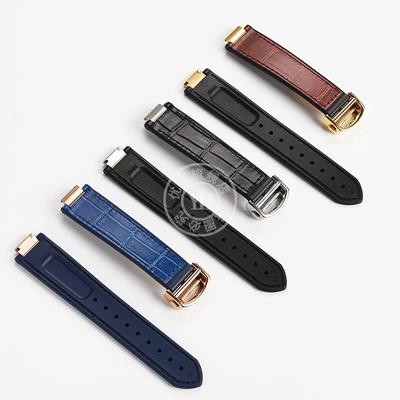 Correa de reloj de piel de vaca + suela de silicona, junta metálica convexa, negro, marrón, azul, 18*11mm, 20*12mm, banda de reloj para la serie BALLON BLEU DE CARTIER