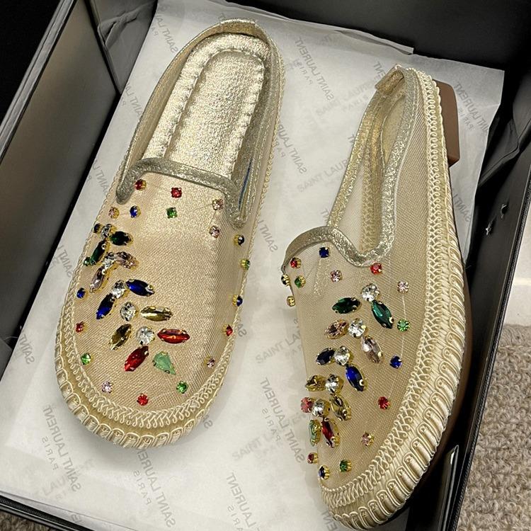 Mesh Bag Head Flat Bottom Sandals Women Wear New Colored Diamonds Embroidery Without Heel Lazy Half Drag Fisherman Shoes In Summer