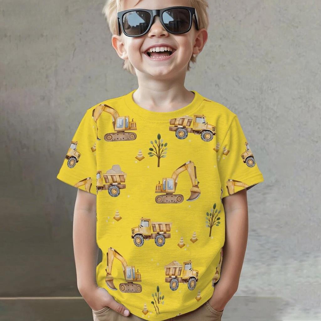 Summer Round Neck Vehicle Themed 3D Printed Top Fashionable Casual Short Sleeved Children's Boy T-shirts