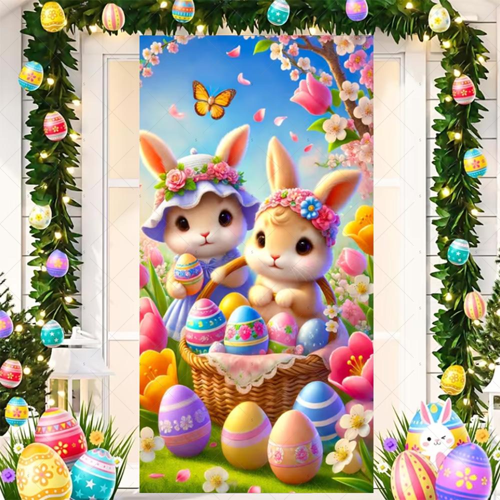 Happy Easter Cute Bunny Door Cover Backdrop Spring Garden Floral Easter Egg Background Easter Party Decoration Photo Shoot Props