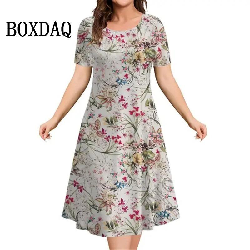 Plant Flowers Print Women's Dresses Summer Short Sleeve Clothing Casual Female Dress Retro Ladies Loose Plus Size Dresses