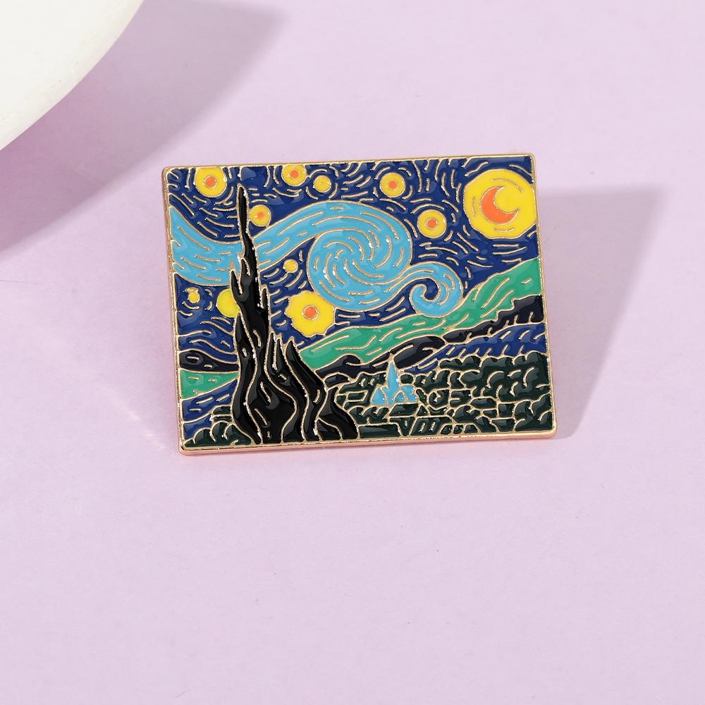 Funny The Starry Night Enamel Brooches Golden Square Badge Van Gogh Oil Painting Pins For Artist Item Gift