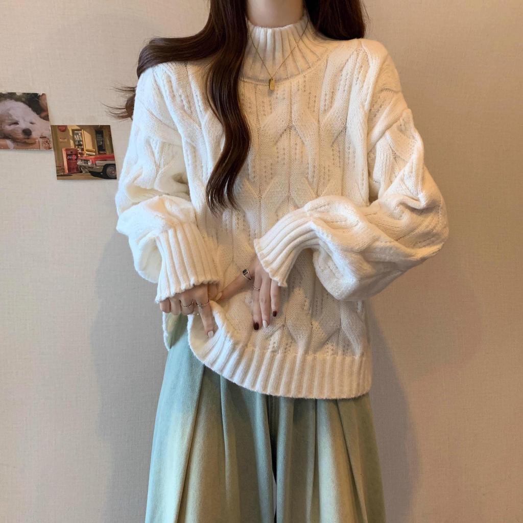 Plus Size Women's Winter Fluffy Cable Knit Sweater, Slimming Thick Half-High Neck Top