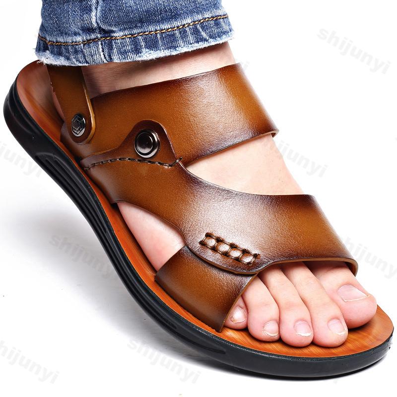 Men's Casual Sandals Summer New Breathable Fashion Outdoors Beach Shoes Anti-slip Open-toe Double-sided Soft Leather Slippers