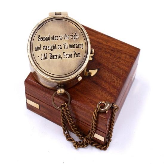 Second Star J. M. Barrie, Peter Pan Engraved Brass Replica of Compass Wooden  Case  Nautical Décor Gift Maritime Instrument