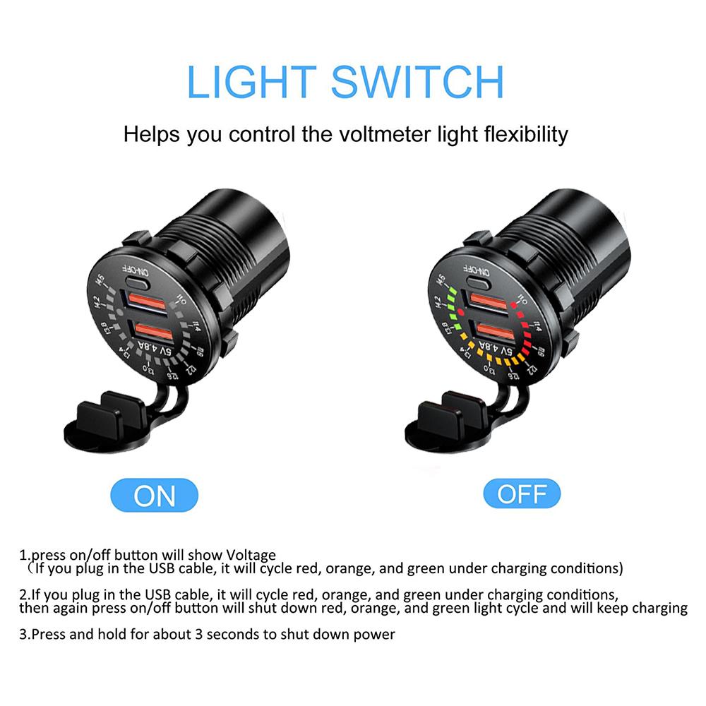 12/24V Waterproof USB PD Outlet Fast Charge 36W Dual USB QC 3.0 Car Charger with LED Voltmeter ON OFF Switch For Car Motorcycle