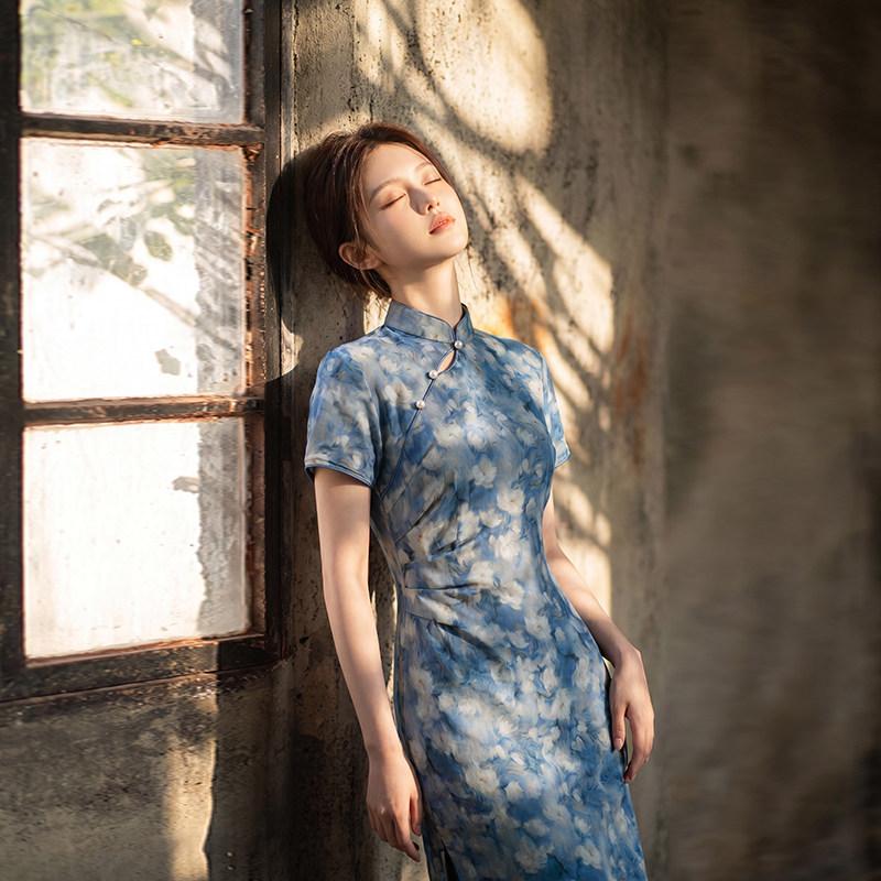 Blue Short-sleeved National Style New Chinese Daily Suzhou Long Cheongsam Improved Young 1011 New Women's High Sense