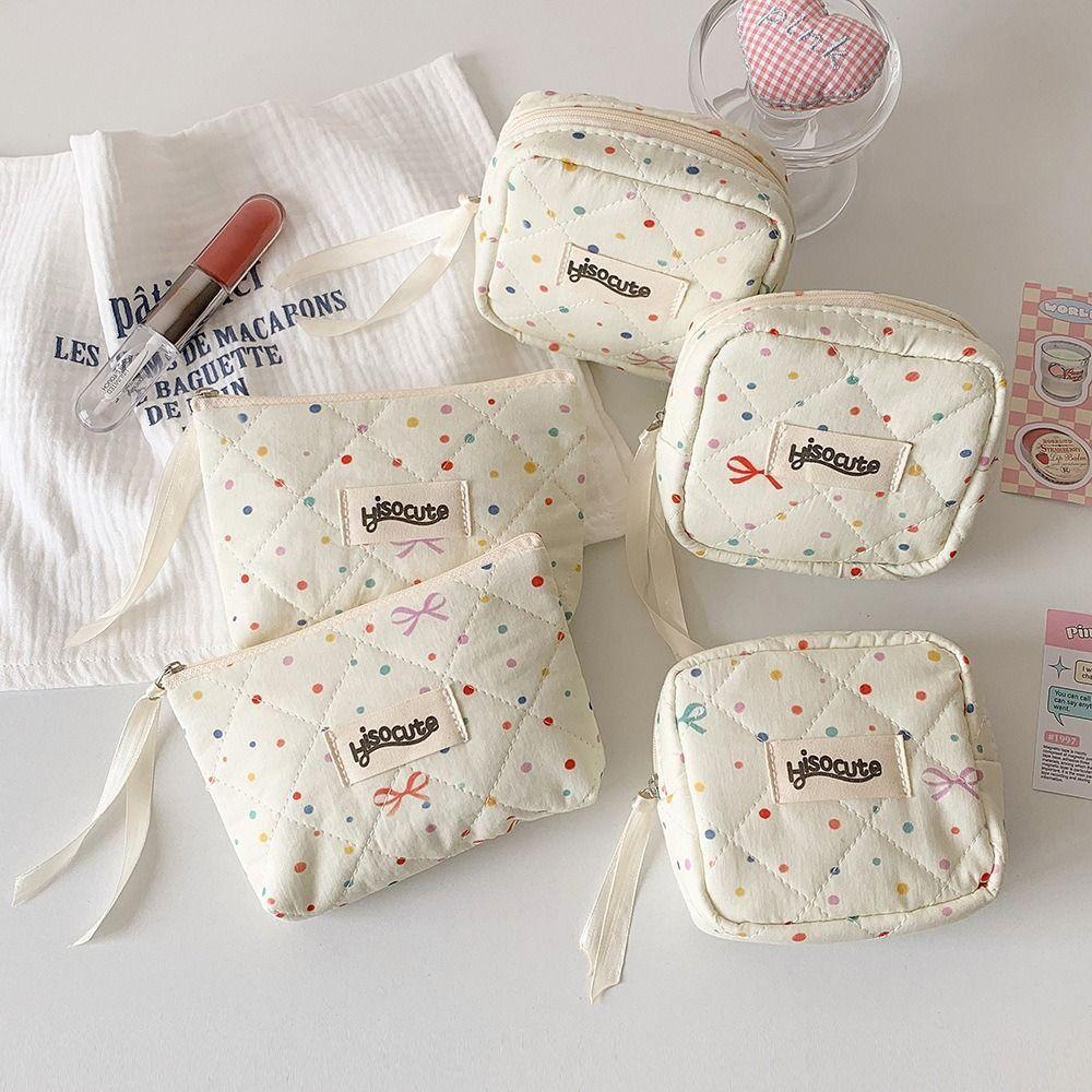 Cute Bowknot Sanitary Napkins Storage Bag Colorful Dots Large Capacity Cosmetic Bag Earphones Lipstick Pouch for Women Girls
