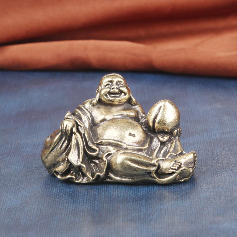 Vintage Brass Maitreya Desktop Ornament Big Belly Laughing Bronze Sculpture Buddha Statue Craft Antique Old Copper