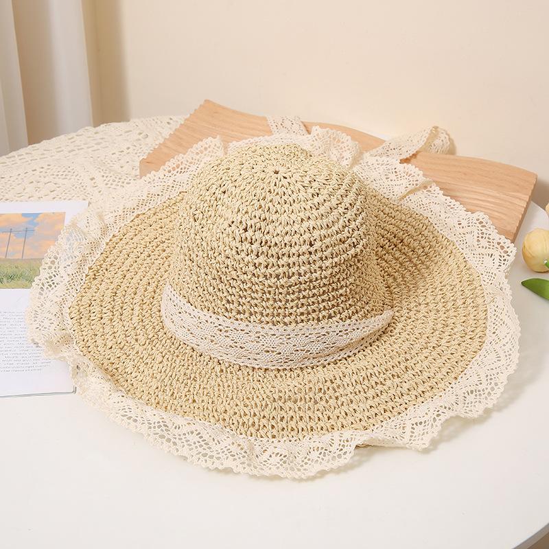 Elegant Lace-Trimmed Wide Brim Straw Hat for Women - Breathable, Sun-Protective Beach Cap with Hollow Design, Summer, Woven, Sunshade