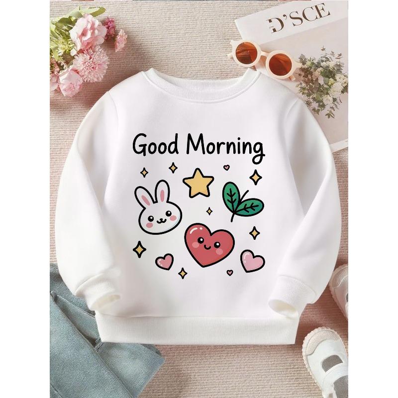 Kids Crewneck Sweatshirt, Cute Good Morning Bunny Hearts Stars Leaves Graphic Print 110