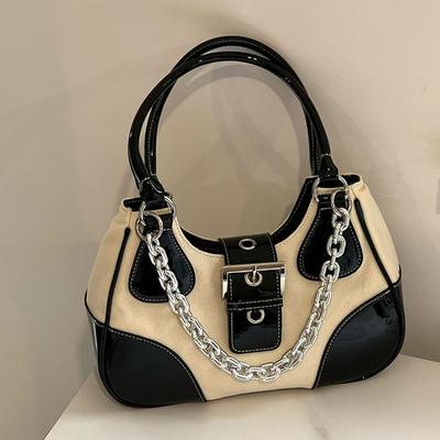 Preppy Style Cool Girl Metal Chain Punk Motobike Crossbody Bag Shoulder Messenger Bag Splicing Cloth  Vintage Canvas PU Bag
