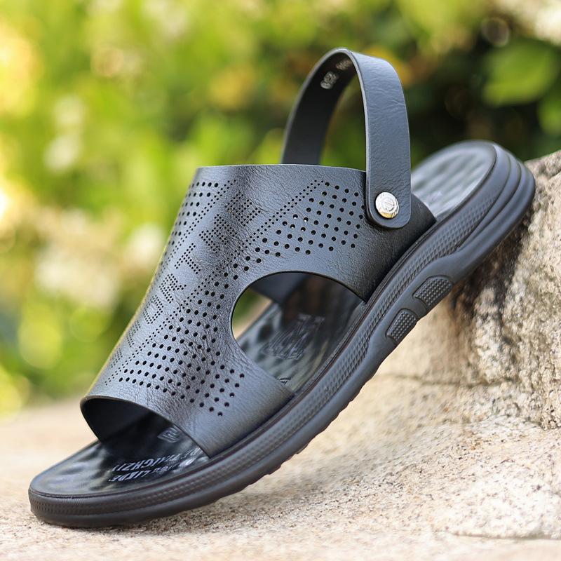 Men's leather sandals men's summer waterproof and non-slip slippers breathable two wear beach shoes trendy thick-soled sandals wear-resistant