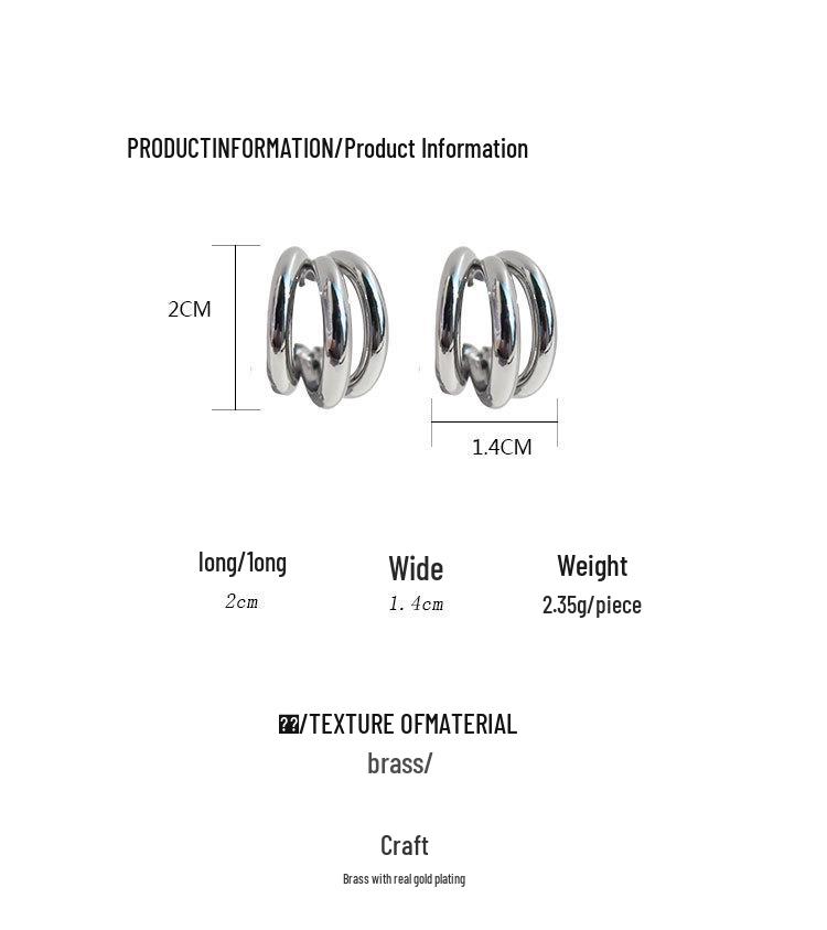 Real Gold-Plated Copper Crazy Sister Classic Three-Tube Earrings: Women's C-Shaped Hoop Silver Needle 300
