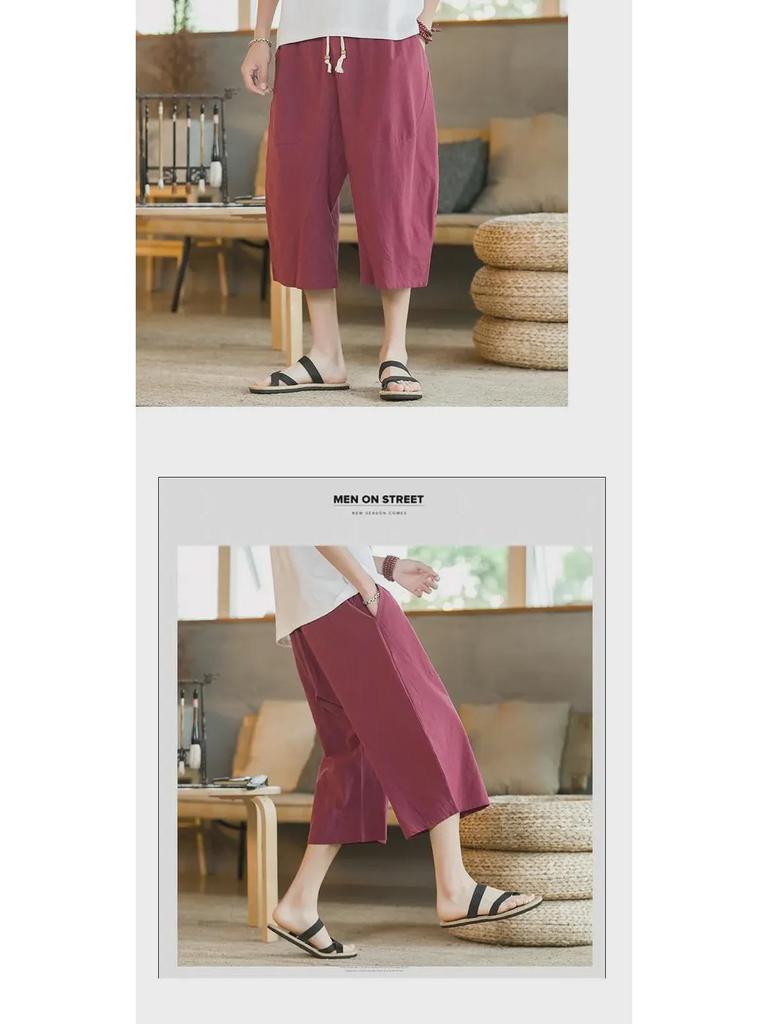Men's Cropped Chinese Style Linen Shorts - Summer Wide-Leg 7-Point Casual Trousers
