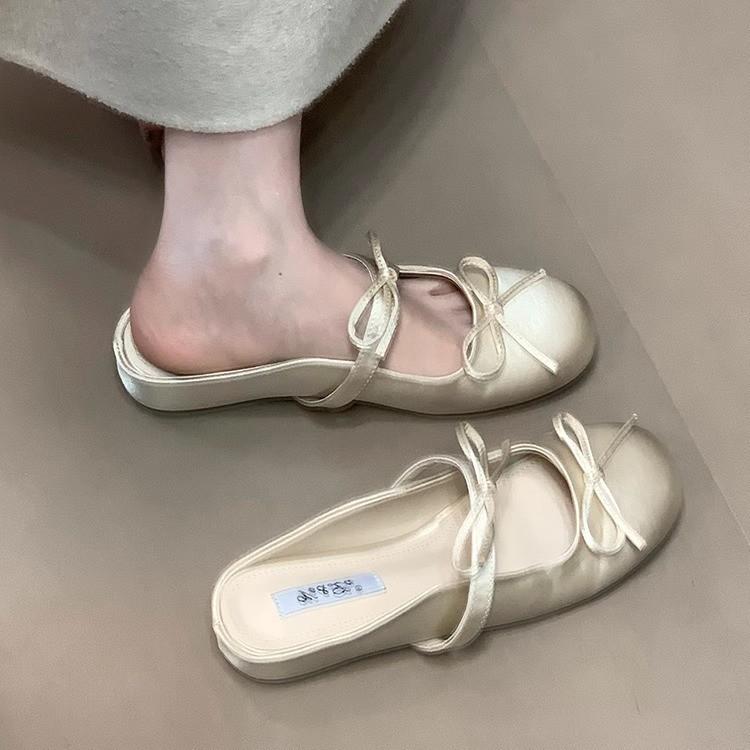 Suding Home, Inner Height Increase Purple Baotou Half Slippers Women's New Spring and Summer 2025 Double Bow Mary Jane Shoes