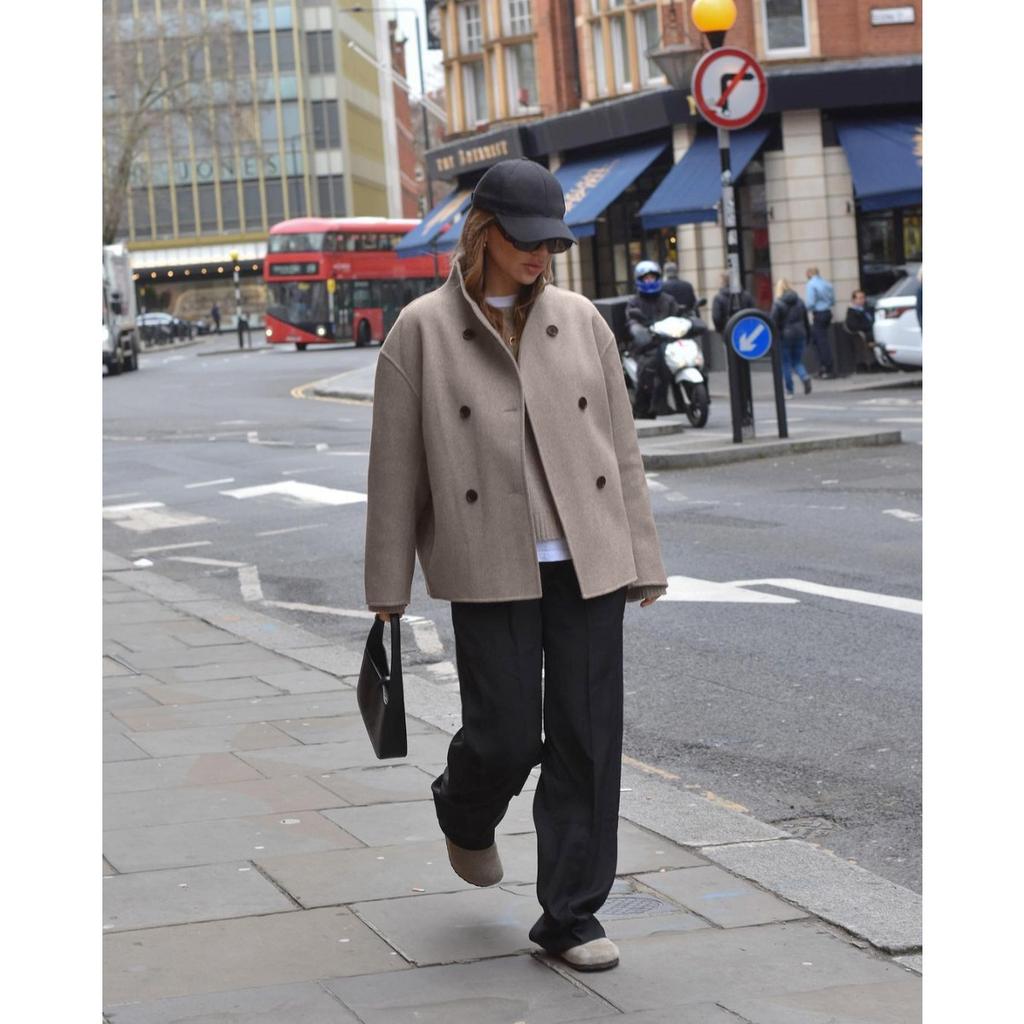 European Size Women's Solid Double Breasted Wool Blend Coat, Casual Elegant British Style Versatile Outerwear