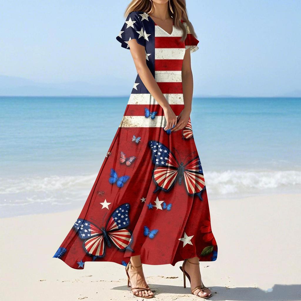 Dámské letní ležérní módní šaty s barevným potiskem Šaty s krátkým rukávem s výstřihem do V