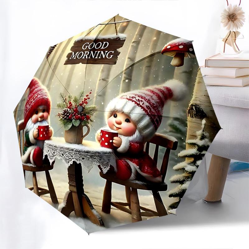 

1pc Good Morning Winter Wonderland Gnome Umbrella, Automatic Opening & Closing, Portable Folding Design, 8-Rib Iron Frame, Outdoor, Festive Gift for F