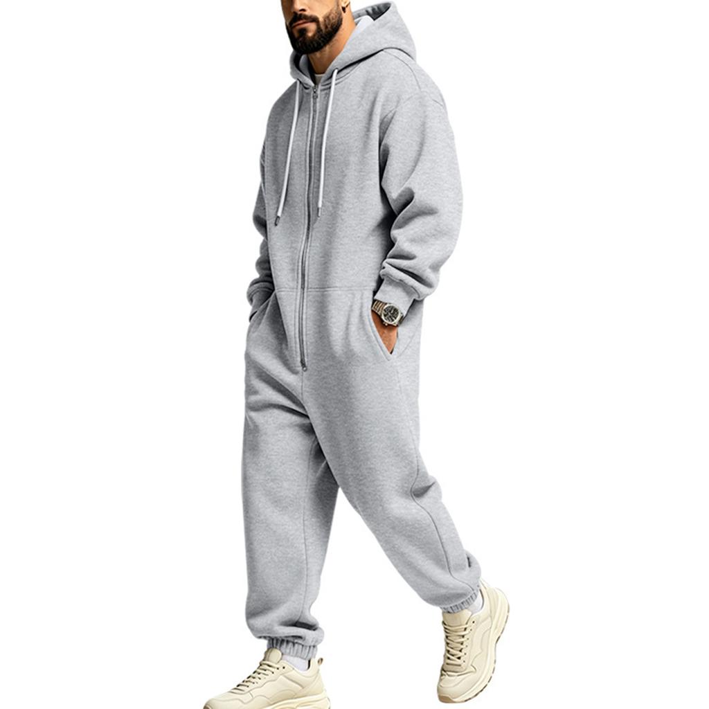 Men's Lined Hooded Jumpsuit Set for Winter Outdoor Sports, Loose Fit Hip Hop