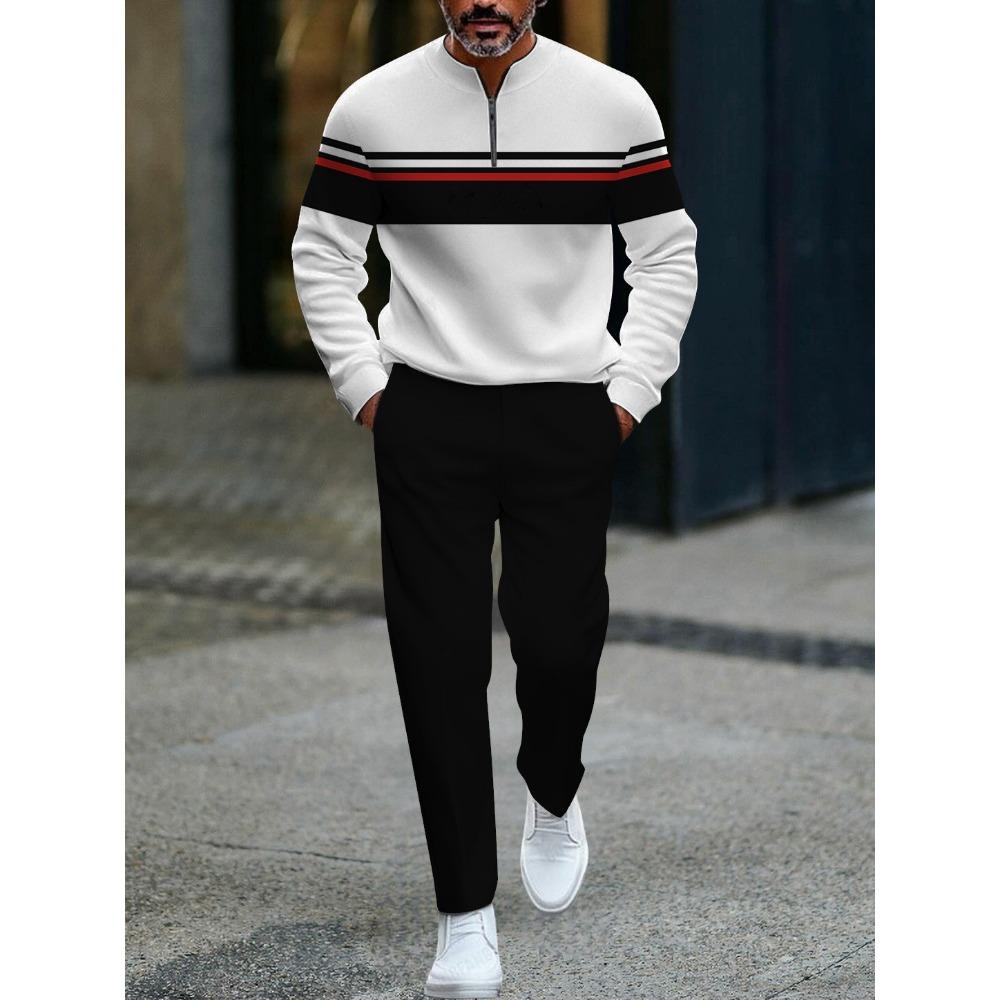Spring Autumn 3D Printed Fashion Streetwear Men's Long-Sleeved Sets Half-Zipper Stand-Up Collar Men's Casual Sportswear Two-Piece set