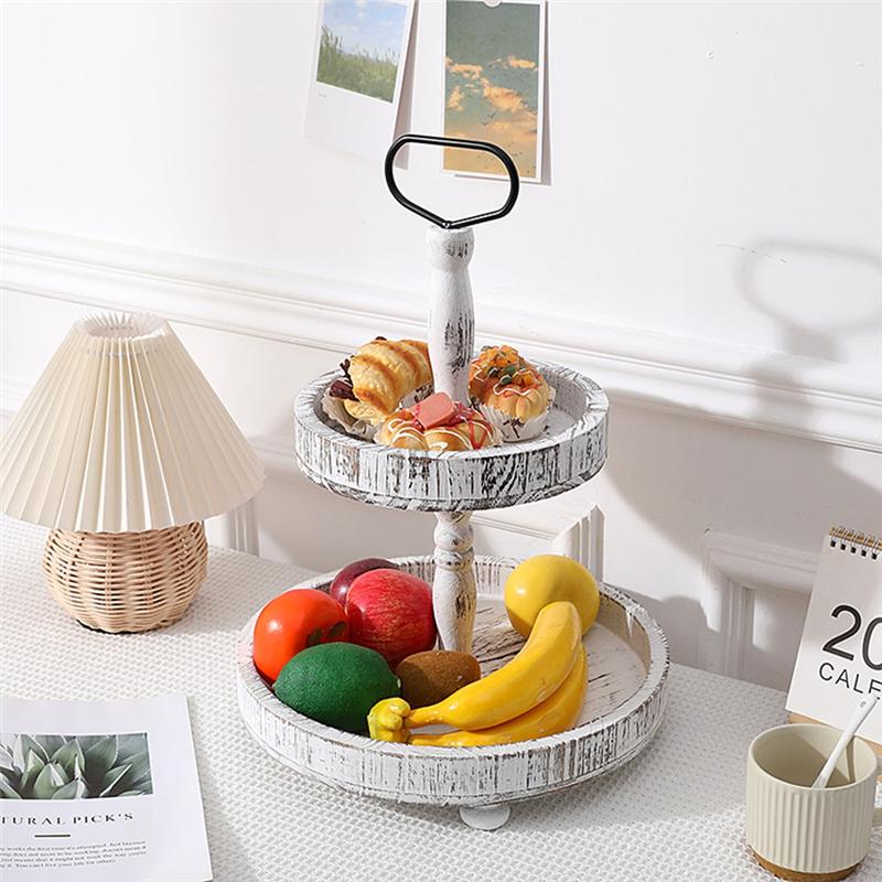 CYCLI-Rustic Style Wooden Tiered Tray, Farmhouse Decorative Tray, Round Tray With Metal Handles