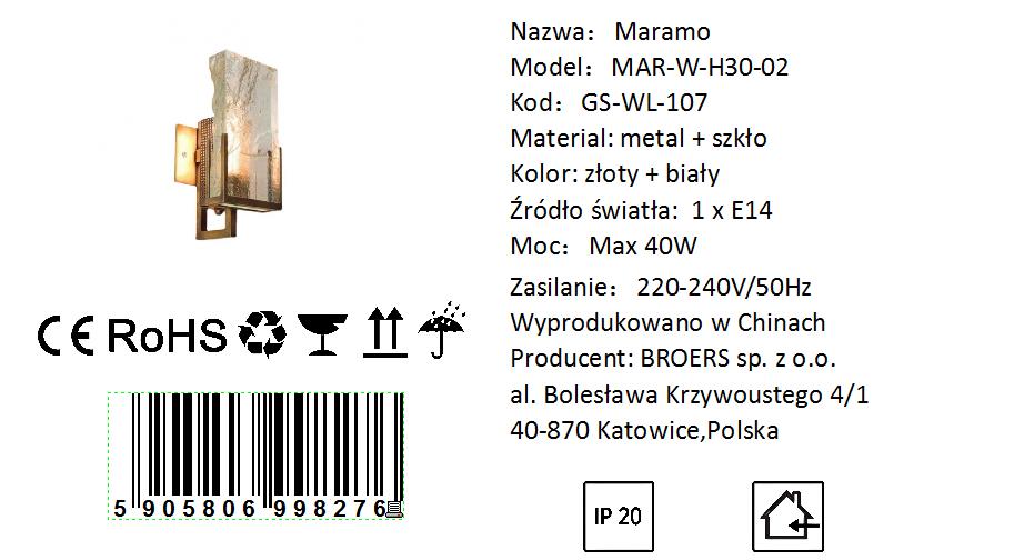 Maramo - Wall lamp 30 cm, 1xE14 Gold, Metal + Glass