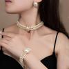 Hepburn Vintage Baroque Oval Pearl Diamond Double Necklace Bracelet Earrings Set Cheongsam Dress Accessories