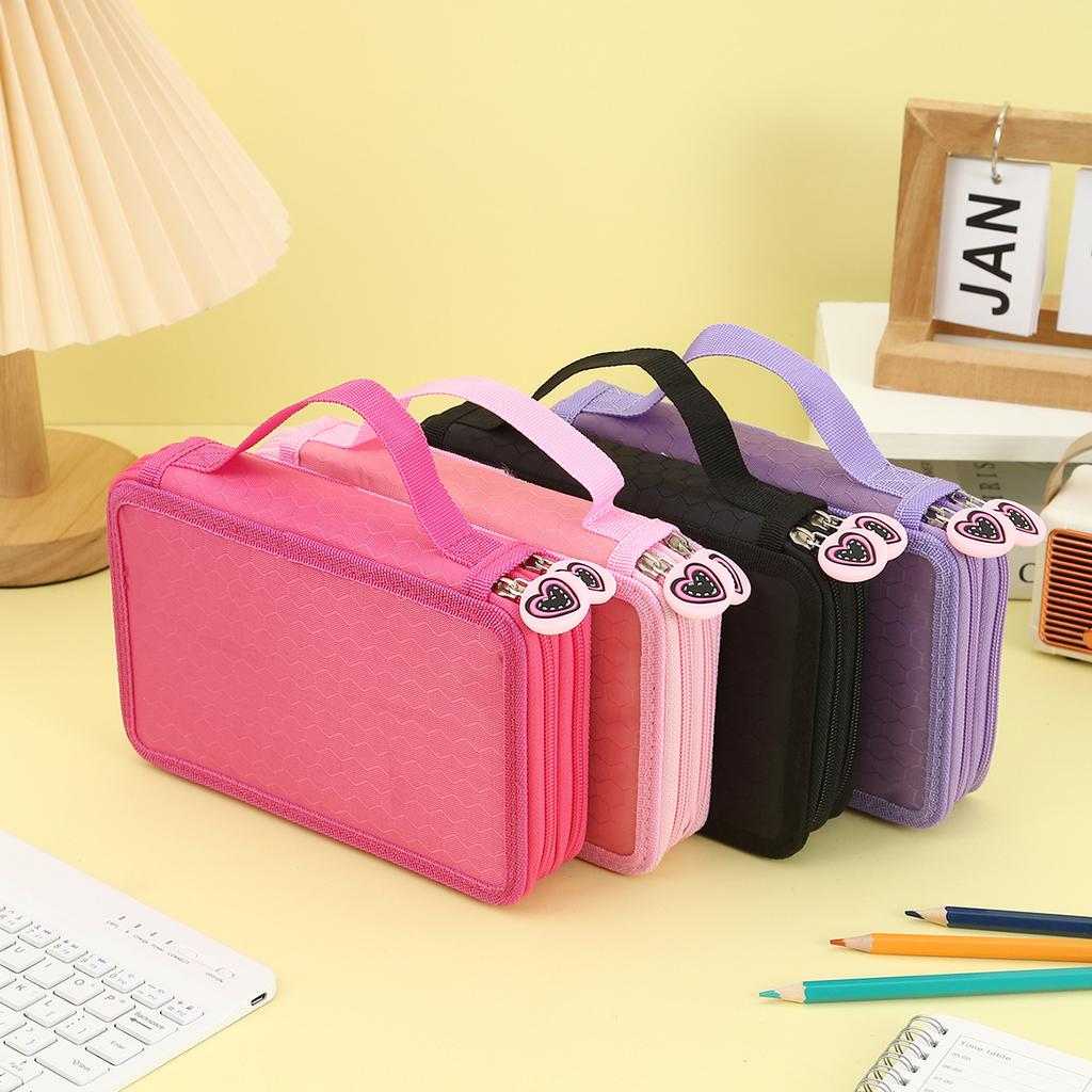 Heart-shaped zipper pull Three-layer pencil case, portable exquisite stationery storage bag, essential art drawing pencil case