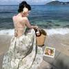 Girl skirt in oil painting backless straps suspender skirt, niche design sense resort style print dress chiffon