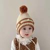 Koreanischer Winter-Streifen-Kinderhut mit Ohrenschutz & Bommel – Gestrickte Woll-Baby-Pullovermütze für Mädchen