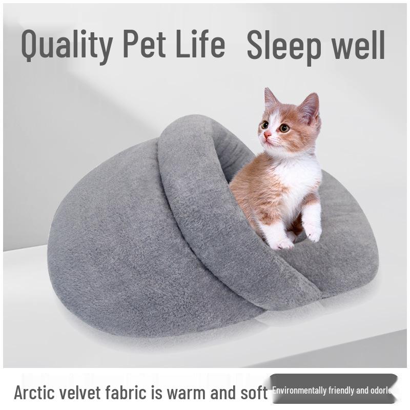 Plush Sleeping Bag Cat & Small Dog Bed, Semi-Closed Slipper Style, Cozy & Warm for All Seasons