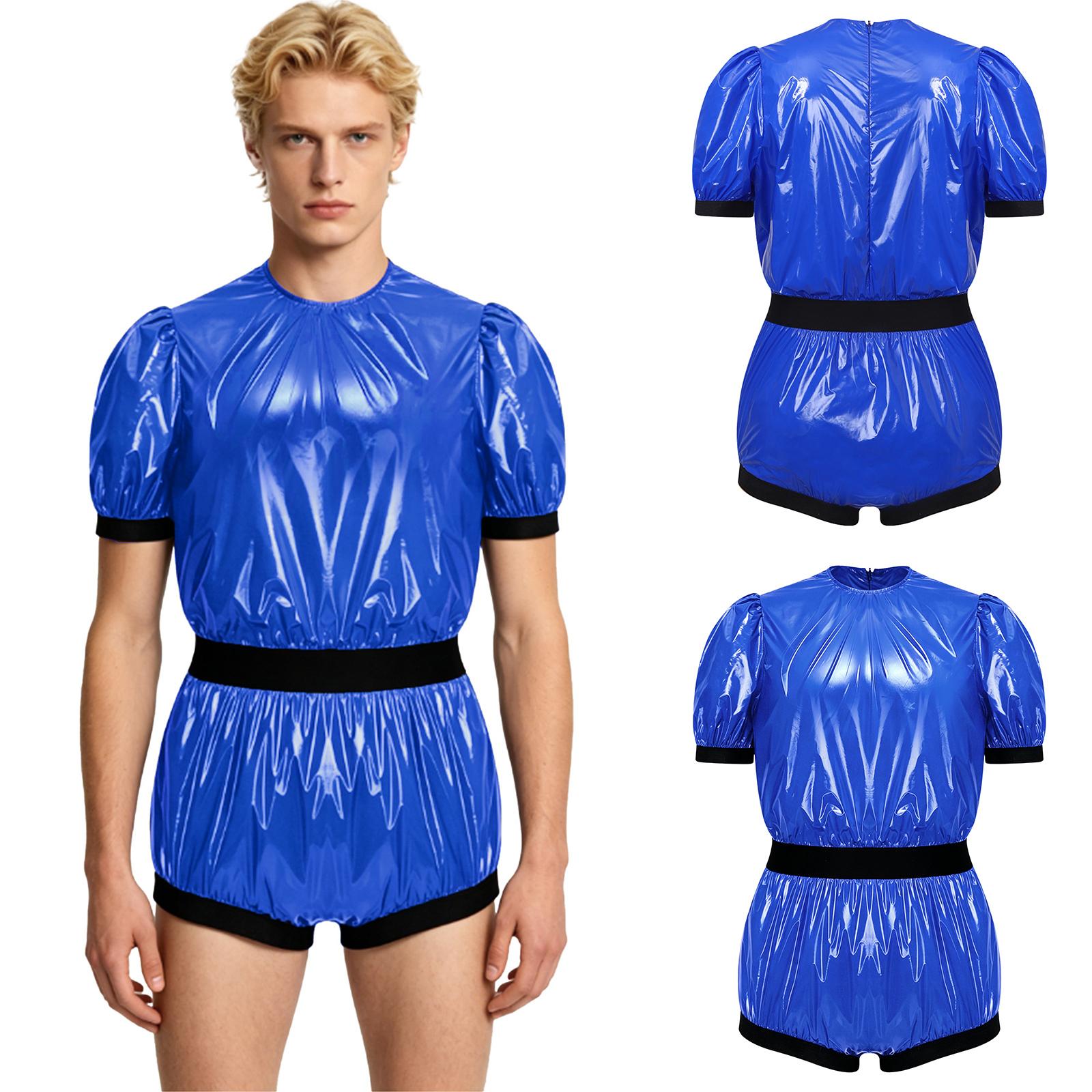 Wasserdichter glänzender Herren-Strampler S-3XL Kurzarm Reißverschluss hinten Elastisches Band Einteiler Overall für Nachtclub-Kleidung und Erwachsenen-Inkontinenzpflege S blau