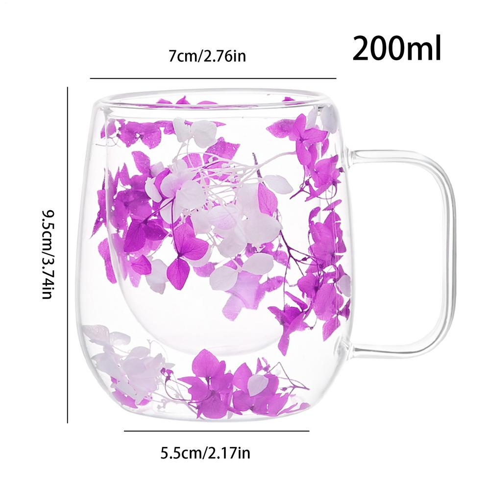 Double Wall Glass Cup 200ml Clear Dried Flowers Milk Tea Coffee Mug with Handle Gifts Friends Home Water Cup Drinking Glasses