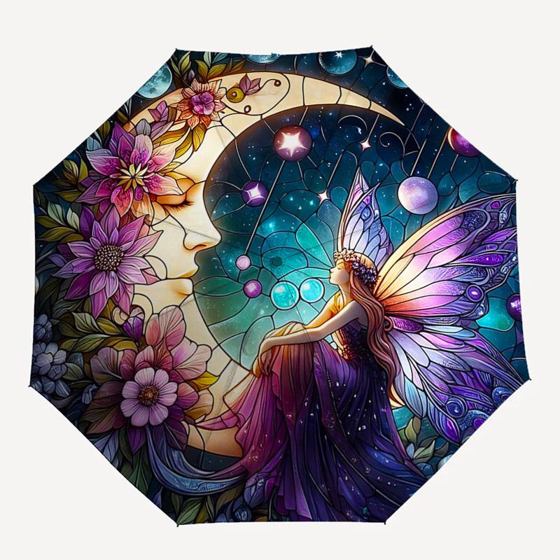 1pc Stained Glass Fairy Moon Flowers Automatic Folding Umbrella - Portable 3-Fold Design with 8-Bone Iron Frame, Outdoor for Fans, Travelers, Daily Us