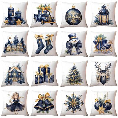 Funda de Almohada Popular de Navidad Retro Acuarela Estampado Azul Cojín de Casa Funda de Almohada
