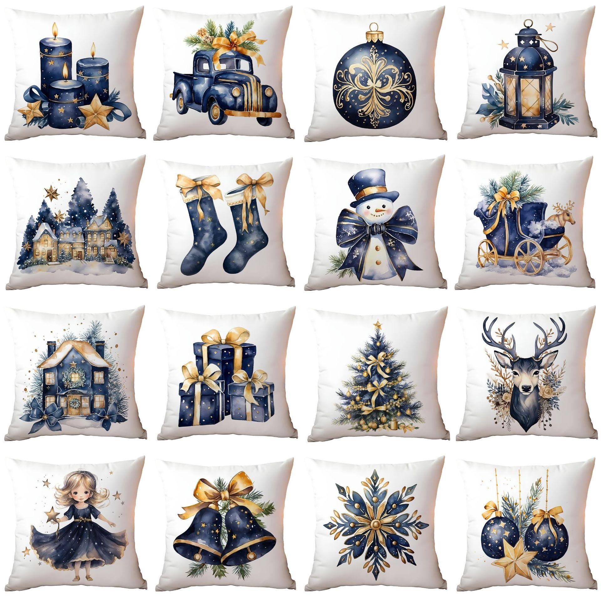 

Popular Christmas Pillowcase Retro Watercolor Blue Print Home Cushion Pillowcase 45 * 45Cm