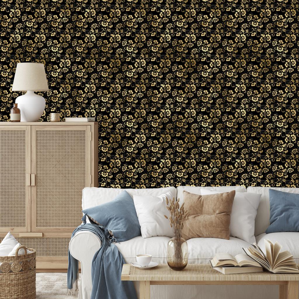 Black and Gold Tropical Pattern Wallpaper Ochre, Black and Brown 50x1000
