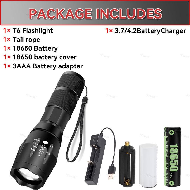High Power T6 LED Flashlights Camping Torch 5 Light Modes Zoom Light Aluminum Alloys Waterproof Material External 18650 Battery