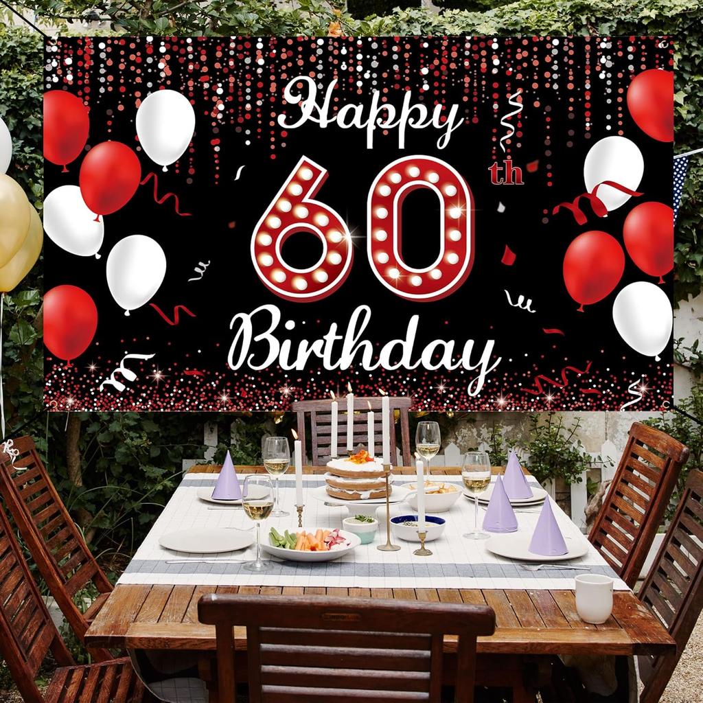 60th Birthday Decoration Banner Backdrop, Happy 60th Birthday Decorations for Women, Red Black White 60 Years Old Birthday Party Photo Booth Props