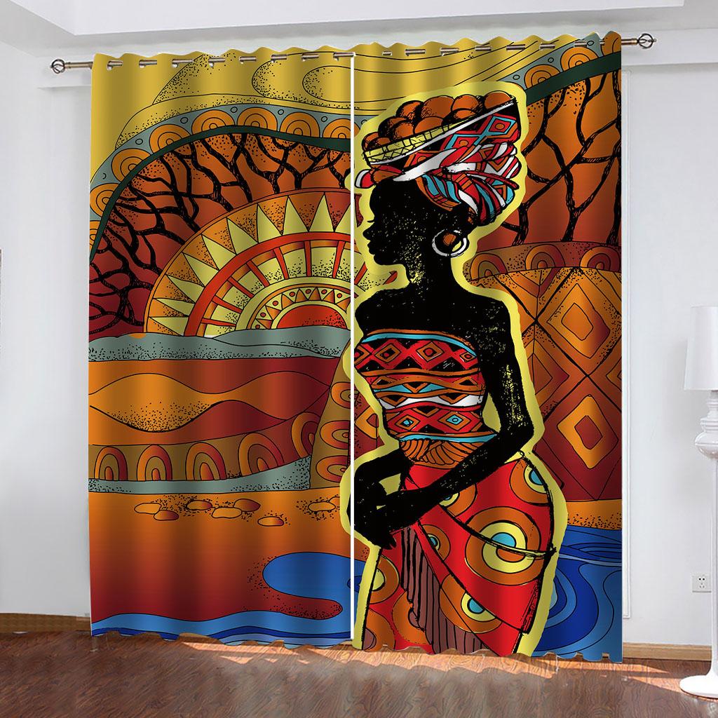 Window Curtains 3D African Dark Skin Woman Printed Curtains For Boys Bedroom Living Room, Room Fashion 2 Pieces