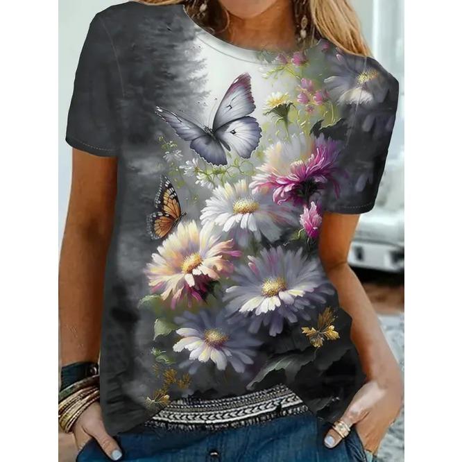 

Летний топ с круглым вырезом, 3D-принтом с цветочным узором, модная повседневная женская футболка с коротким рукавом 6XL